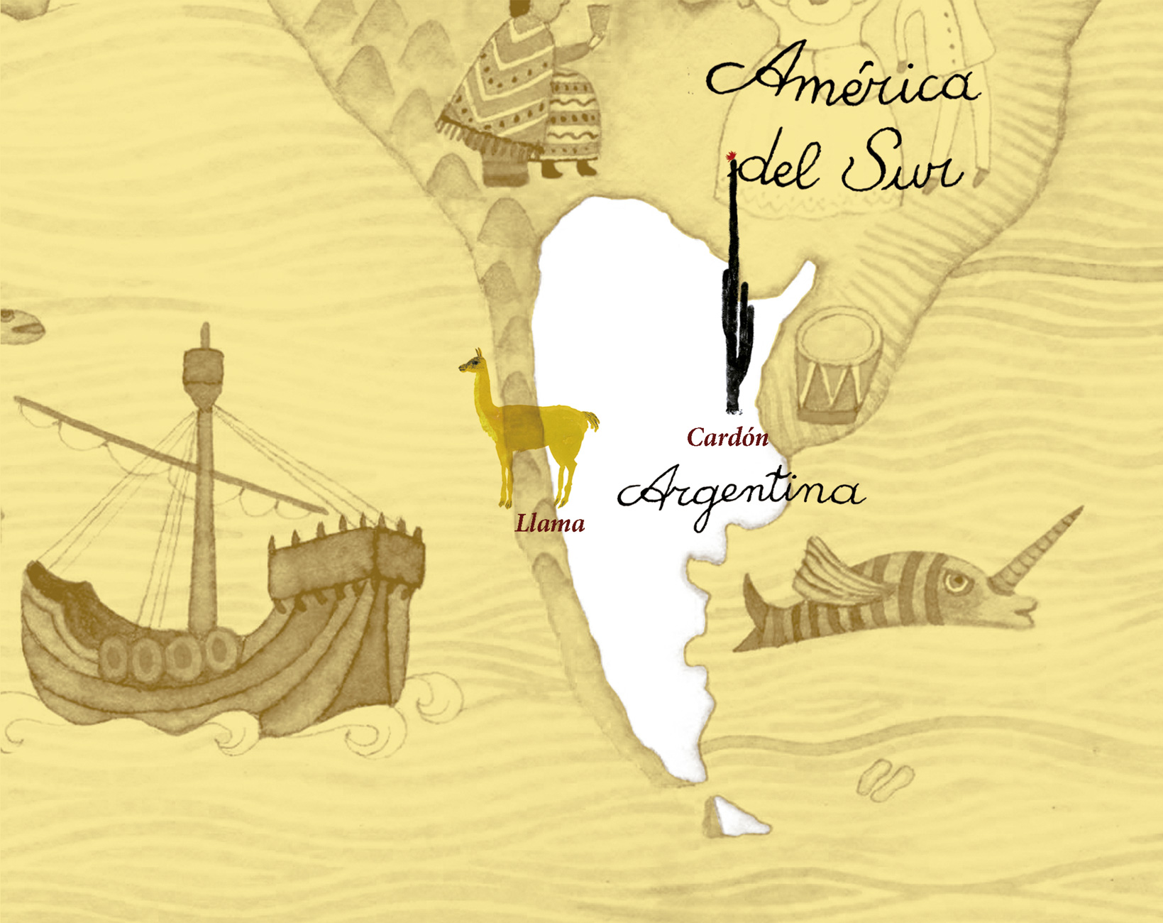 Mapa de finalizacion del cuento de los dos hermanos y el coquena, con un cardón y una llama que son los elementos representativos del cuento