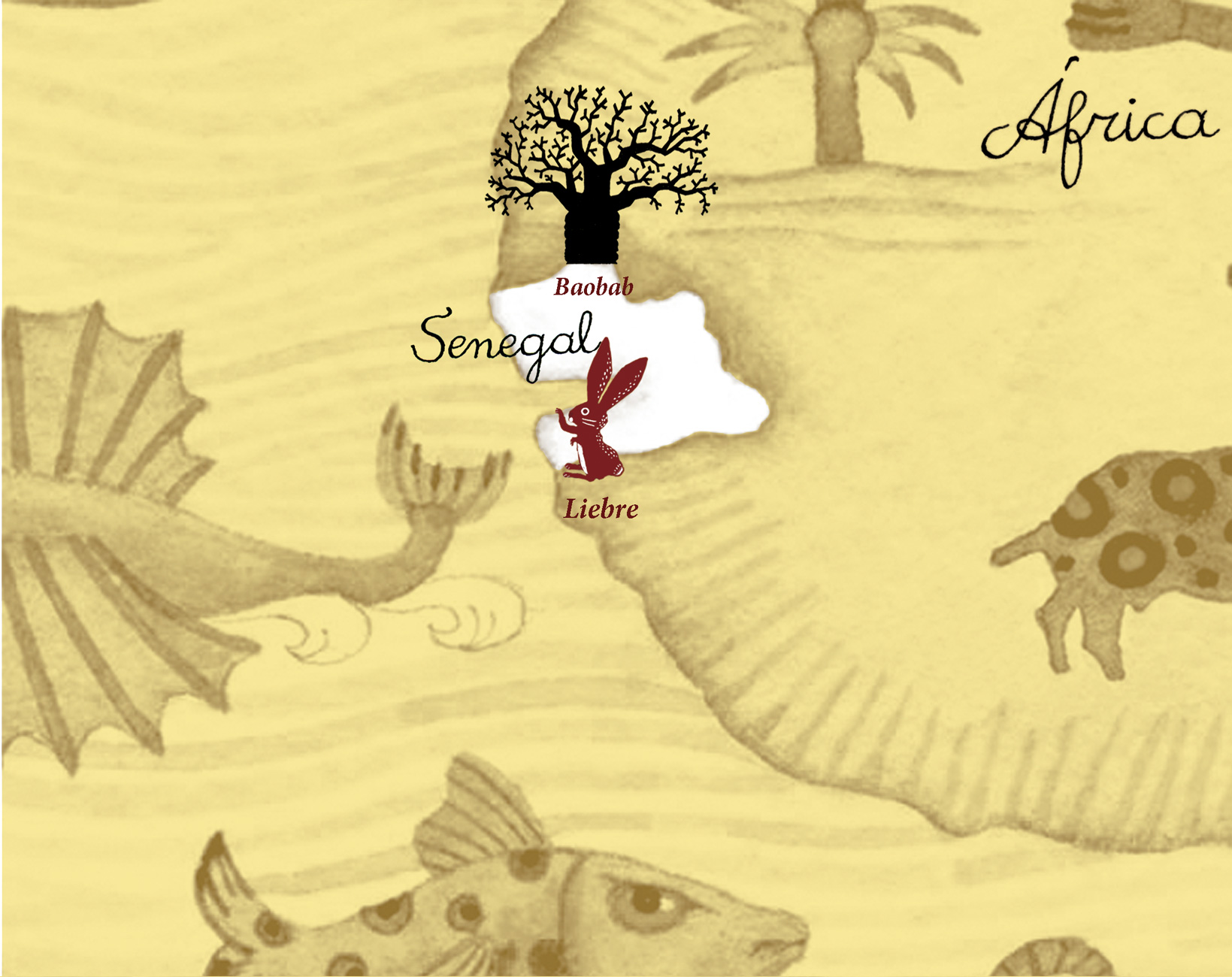 Mapa de finalizacion del cuento de las calabazas del Kouss, con un baoobab y una liebre que son los elementos representativos del cuento