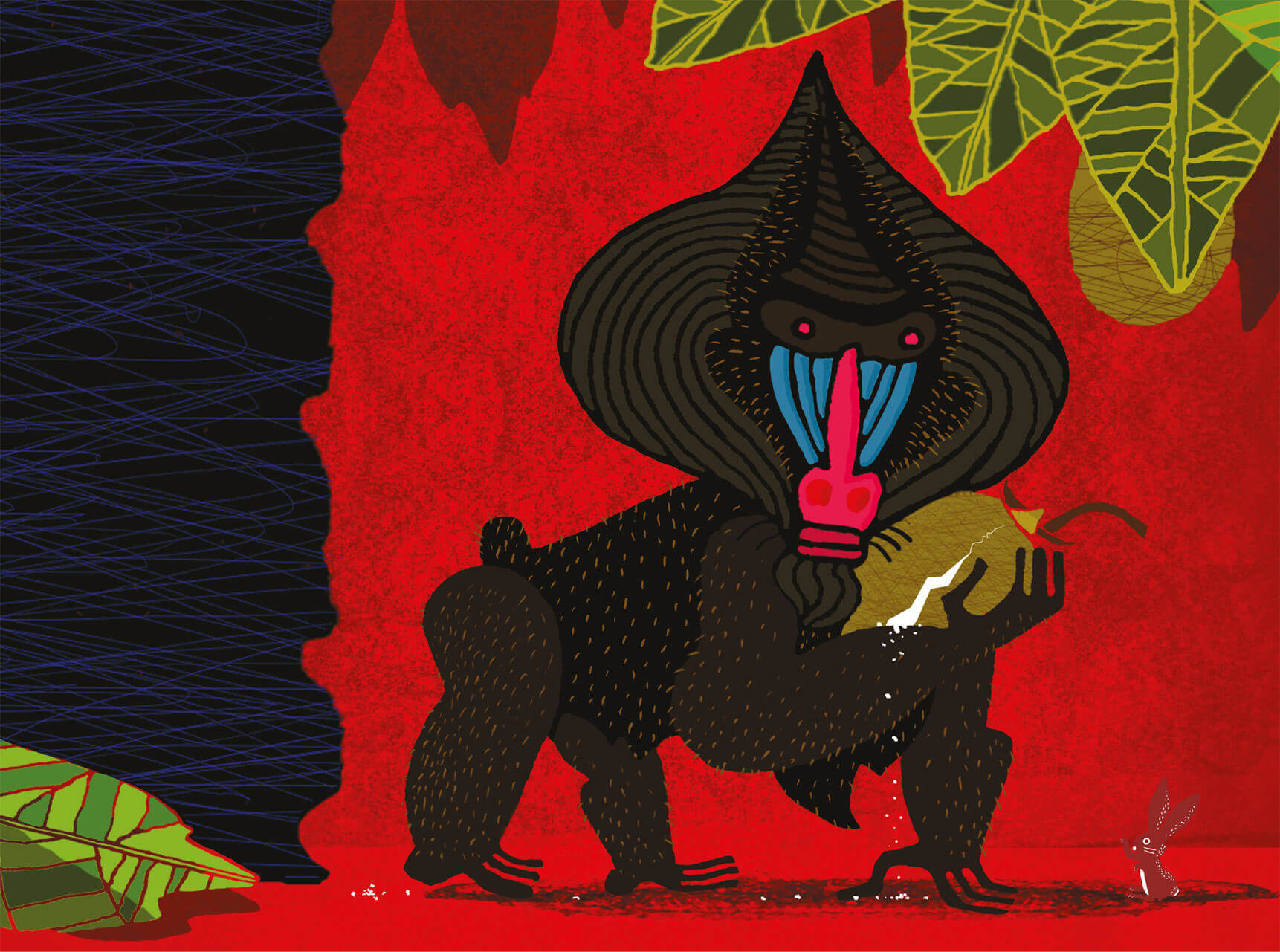 Mandril con fruto en la mano cerca de un árbol