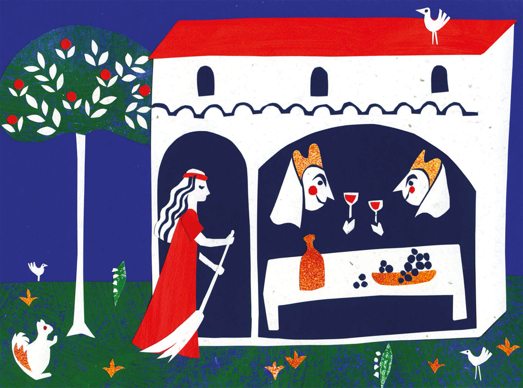 Casa con reyes bebiendo vino y comiendo uvas. En la puerta hay una mujer que está barriendo la entrada. En el jardín hay una arcilla junto a un árbol con manzanas.