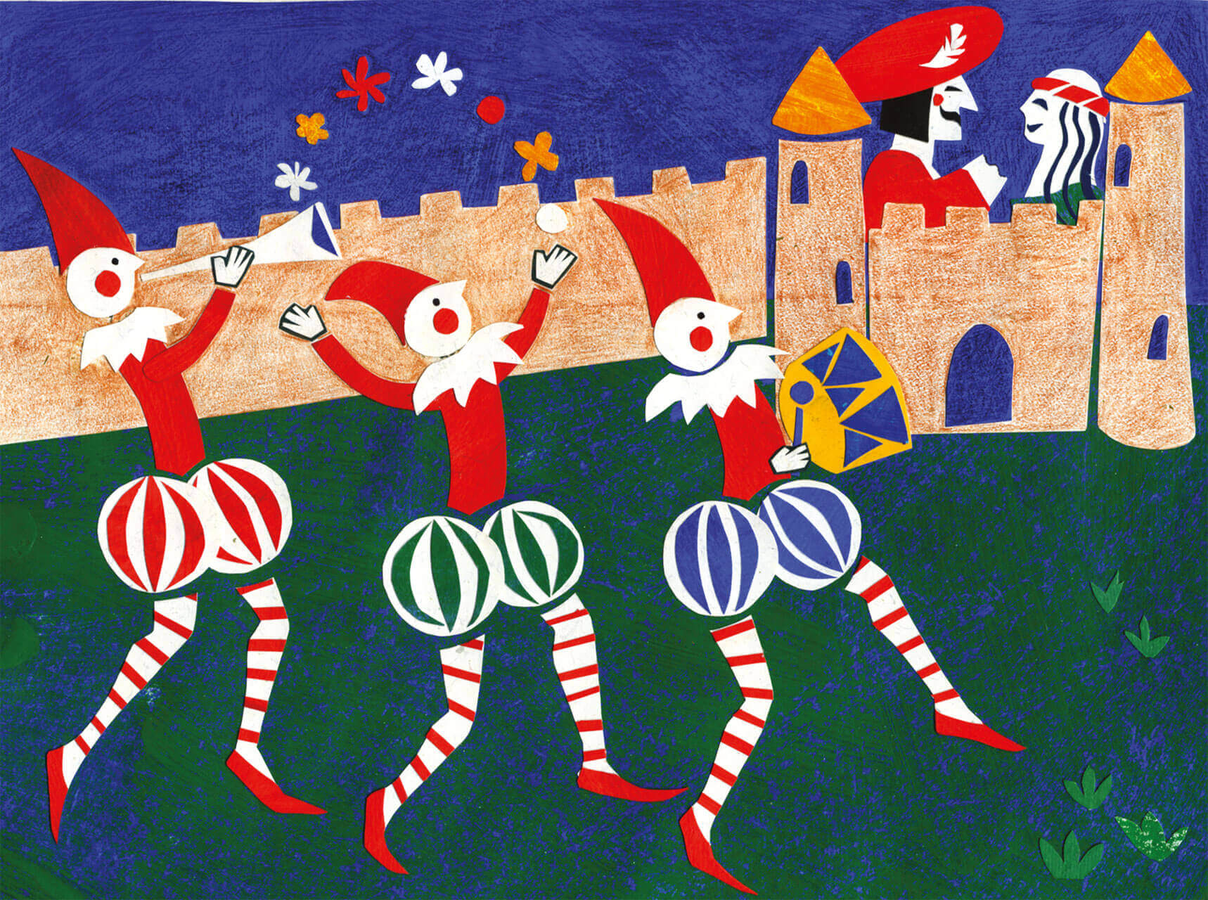 Malabaristas danzando y cantando alrededor del castillo, donde están felices el príncipe y la princesa